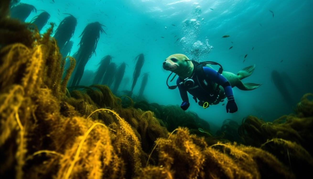 An AI-generated image of a sea lion scuba diving in kelp forest