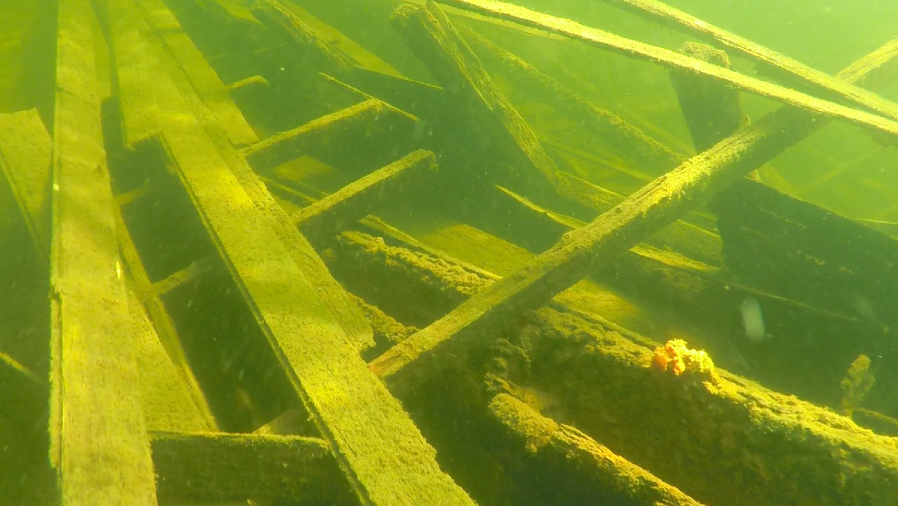 Photo of a wreckage in the ocean.